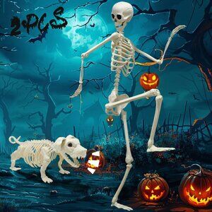 CAMIRUS 5.4FT Skeleton Halloween Decor Life Size Human and Dog Adjustable Joints